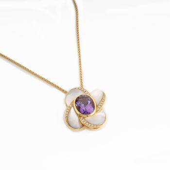 Pendente petali in oro rosa ametista madreperla e diamanti