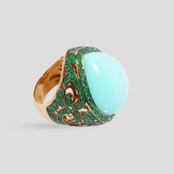 Anello in oro rosa turchese goccia e smeraldi